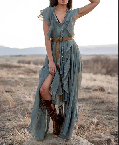 V-neck Short Sleeve Ruffles Long Tie Dress