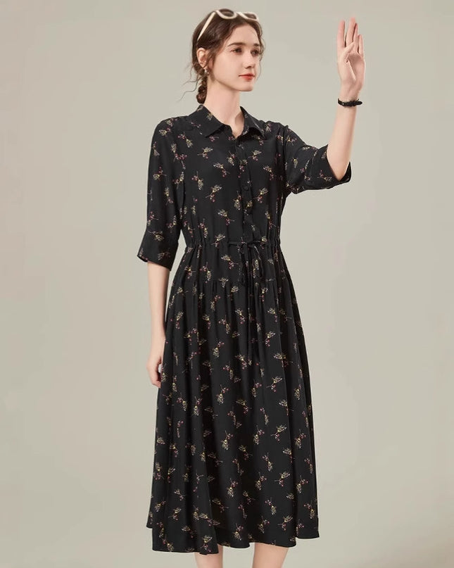 Floral Mid-length Shirt Silk Dress