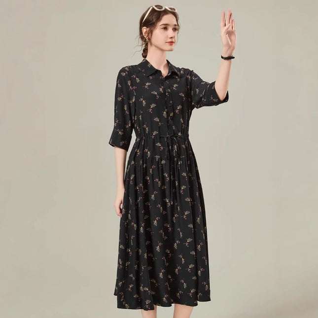 Floral Mid-length Shirt Silk Dress
