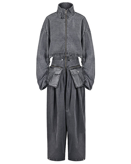 Women's Large Pocket Heavy Industry Denim Jacket Two-piece Set