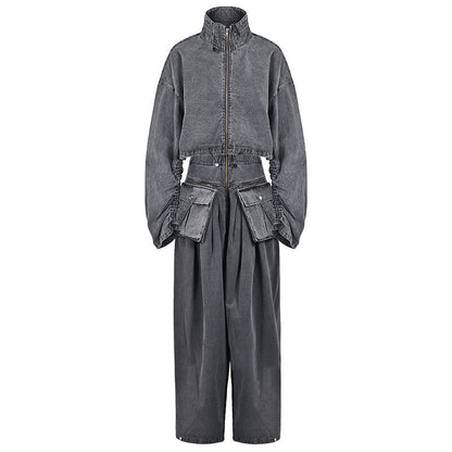 Women's Large Pocket Heavy Industry Denim Jacket Two-piece Set