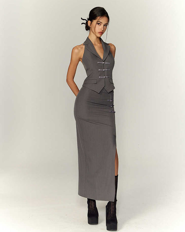 Traditional Halter Spaghetti Straps Vest Slit Skirt Suit