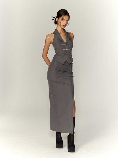 Traditional Halter Spaghetti Straps Vest Slit Skirt Suit