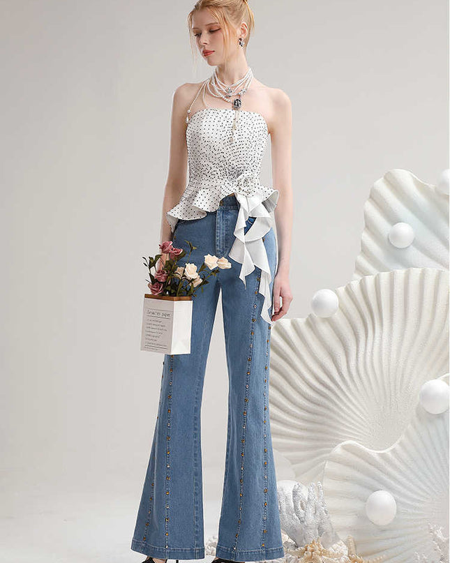 Summer Contrast Color Polka Dot Irregular Spaghetti-strap Top