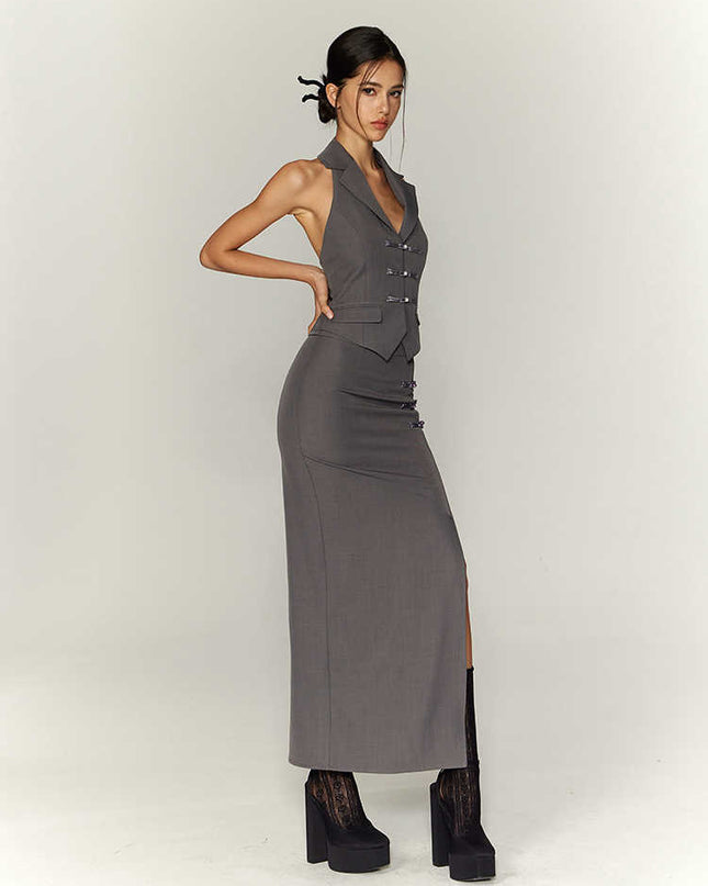 Traditional Halter Spaghetti Straps Vest Slit Skirt Suit