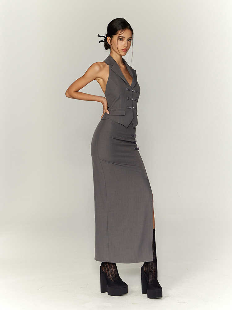 Traditional Halter Spaghetti Straps Vest Slit Skirt Suit