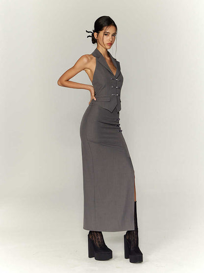 Traditional Halter Spaghetti Straps Vest Slit Skirt Suit