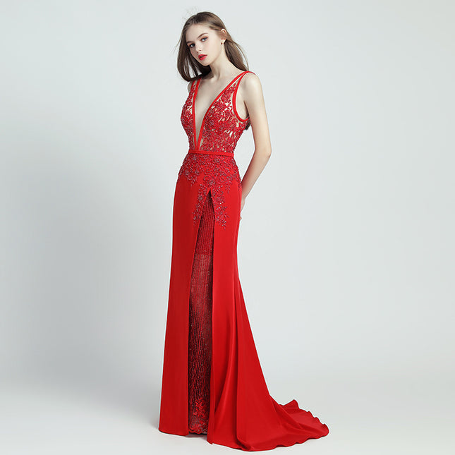 Lace Beaded Toast Dress Temperament Long Style