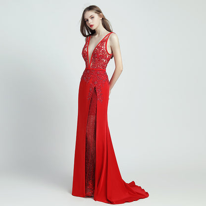 Lace Beaded Toast Dress Temperament Long Style