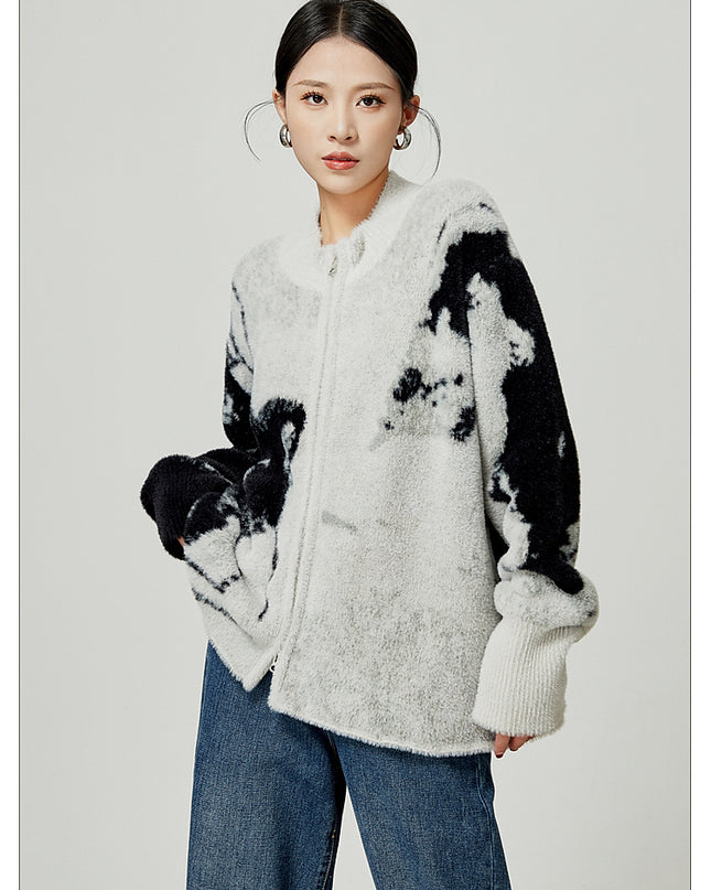 Grey Color Blocked Cardigan Sweater Round Neck Knit