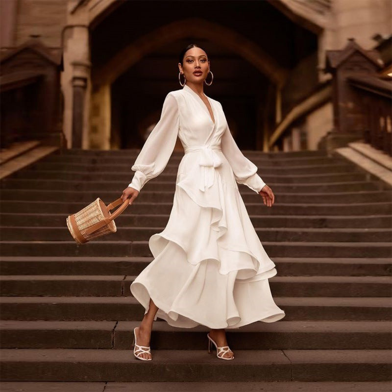 Long Sleeve Ruffles Long White Satin Dress Layered