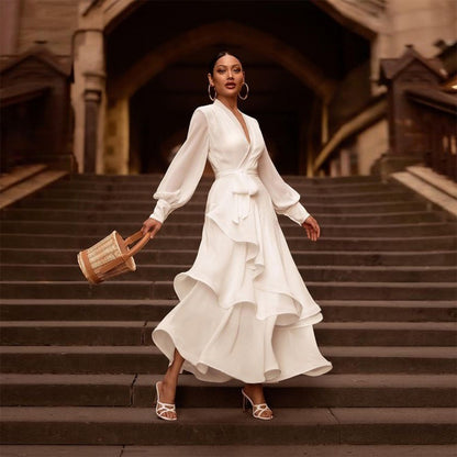 Long Sleeve Ruffles Long White Satin Dress Layered