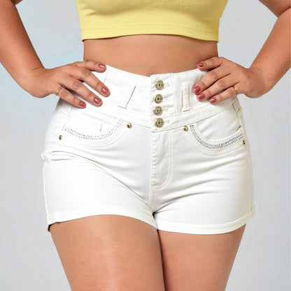White High Waist Button Shorts Slim Fit