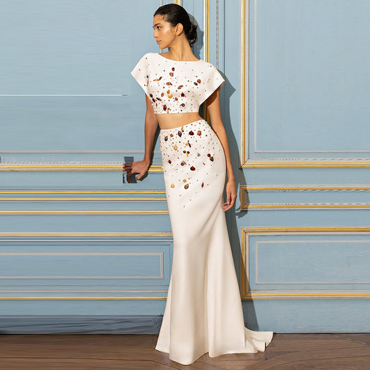 Fashion Heavy Industry Shell Beads Rhinestones Short Top Suit