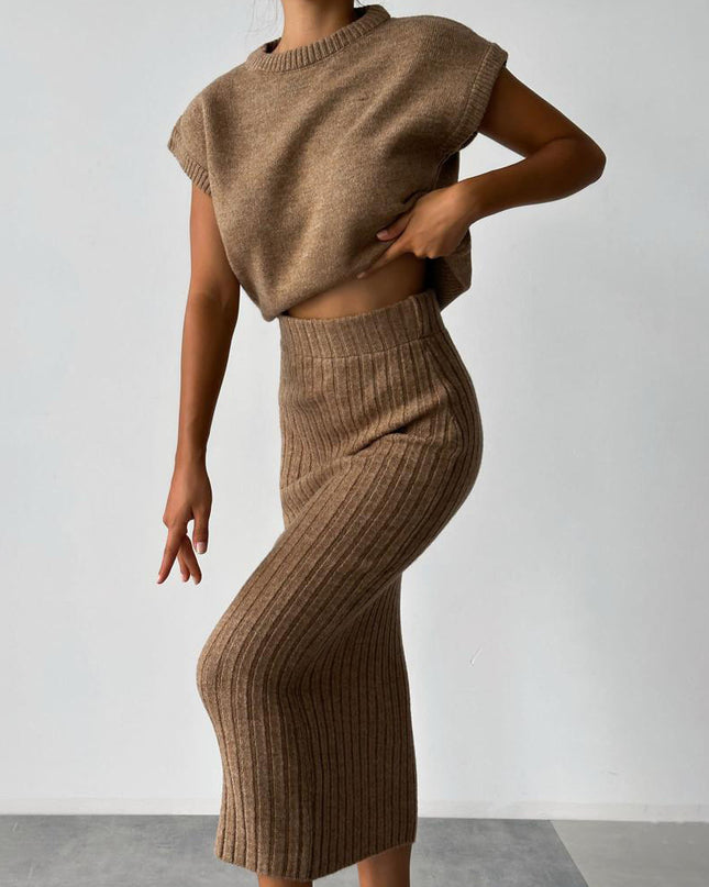 Sweater Suit Women's Sleeveless Pullover Coat Skirt