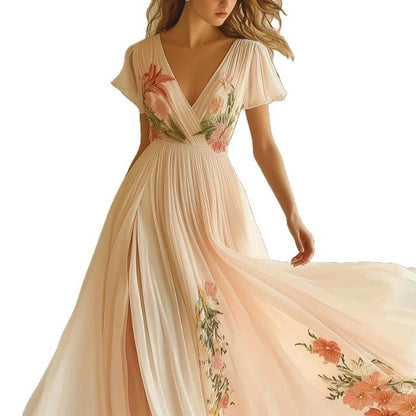 V-neck Short-sleeved Digital Printing Positioning Long Dress
