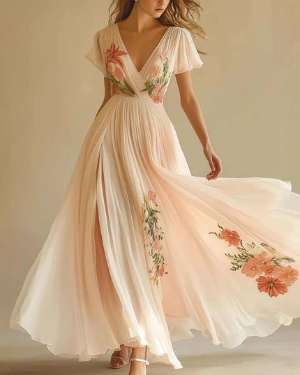 V-neck Short-sleeved Digital Printing Positioning Long Dress