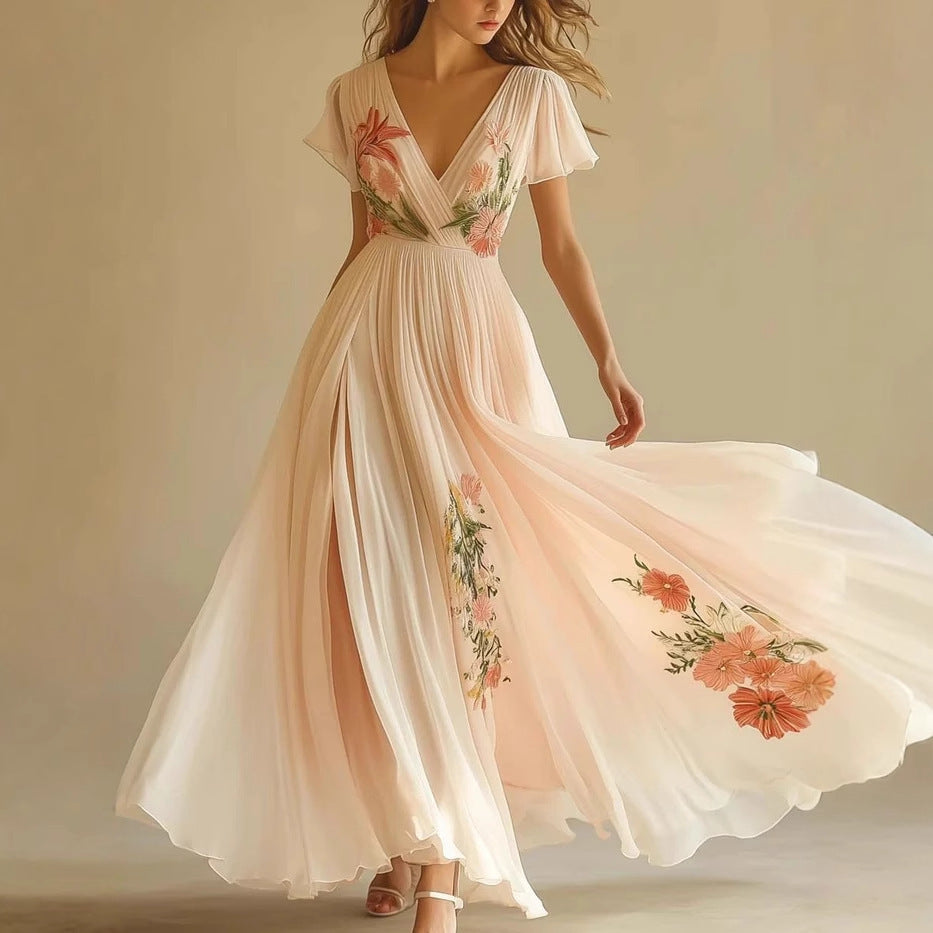 V-neck Short-sleeved Digital Printing Positioning Long Dress