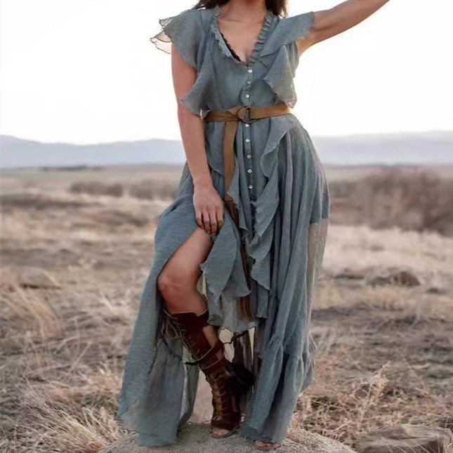 V-neck Short Sleeve Ruffles Long Tie Dress