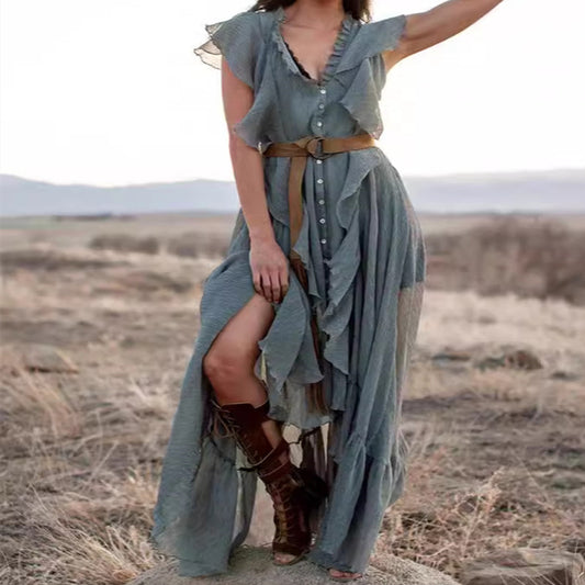 V-neck Short Sleeve Ruffles Long Tie Dress