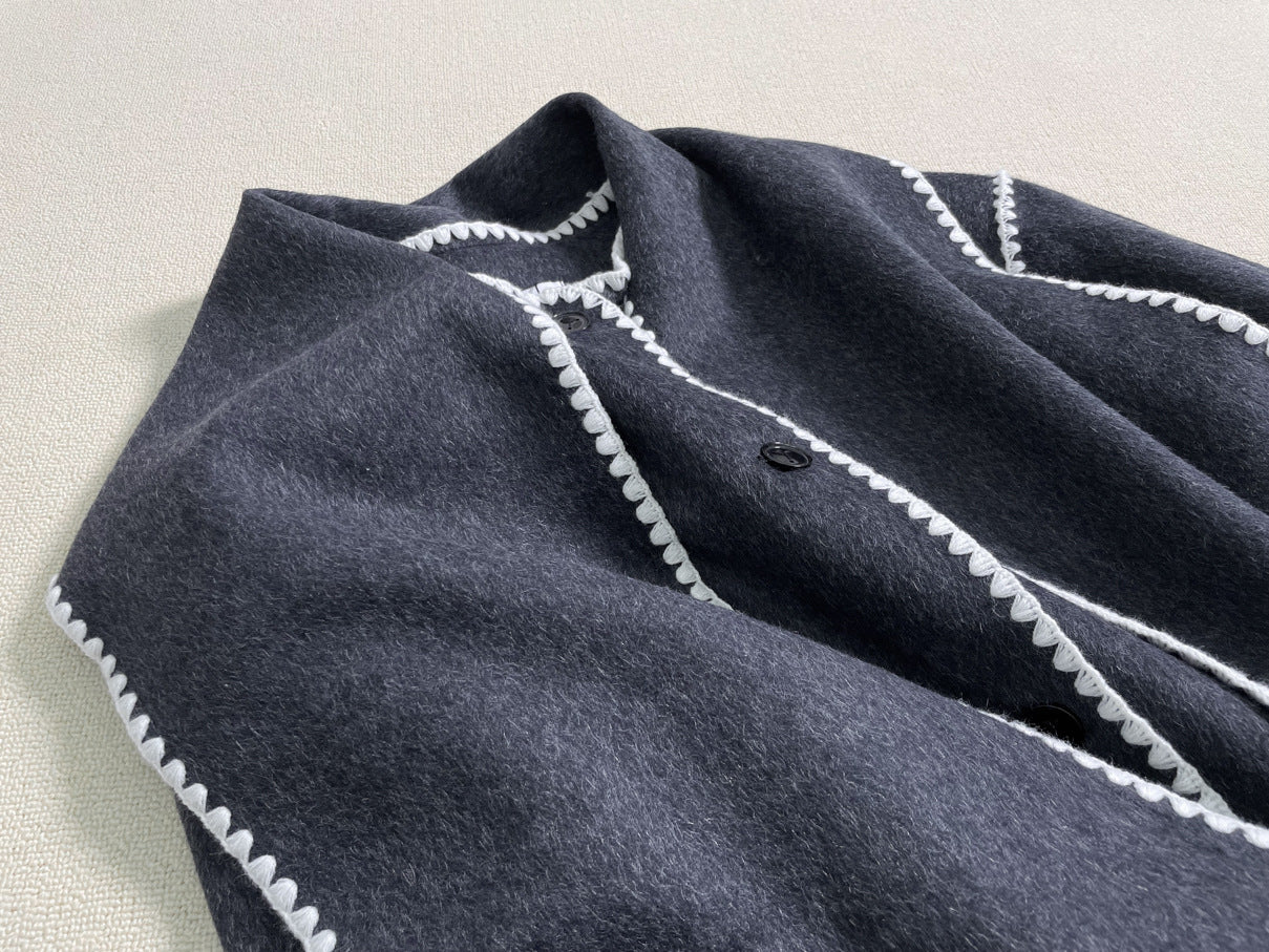 New Wool Blend Autumn And Winter Tassel Scarf Collar Loose Woolen Coat
