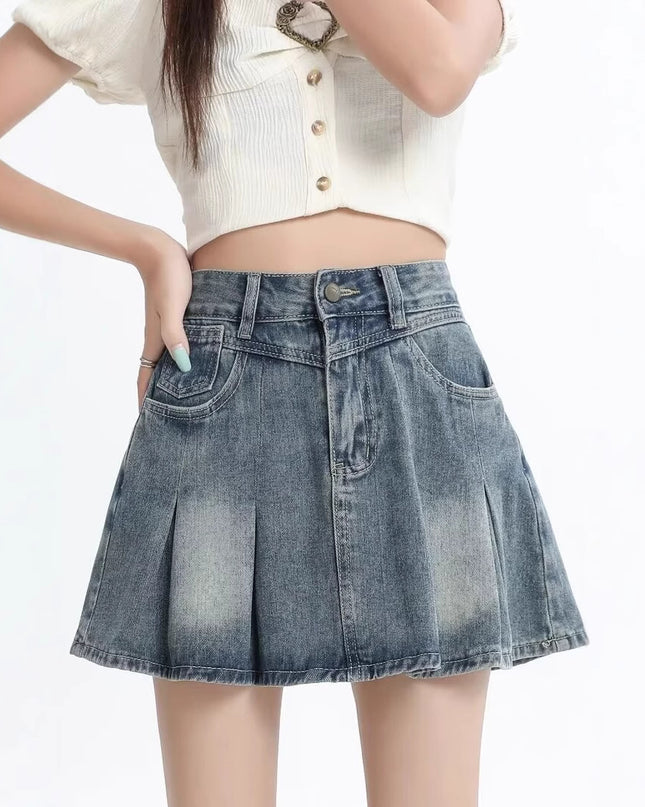 Retro Denim Skirt Summer A- Line Pleated Skirt