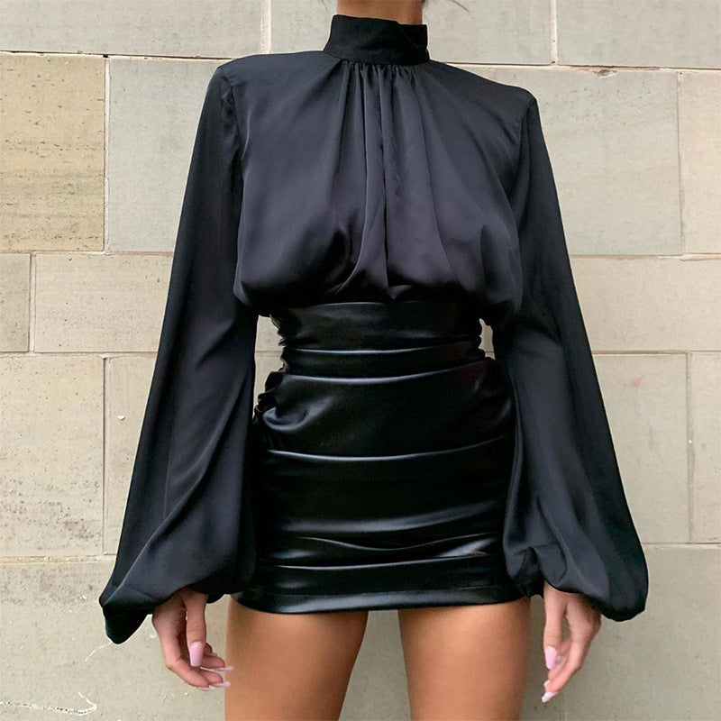 Satin-finish puff-sleeve turtleneck T-shirt top