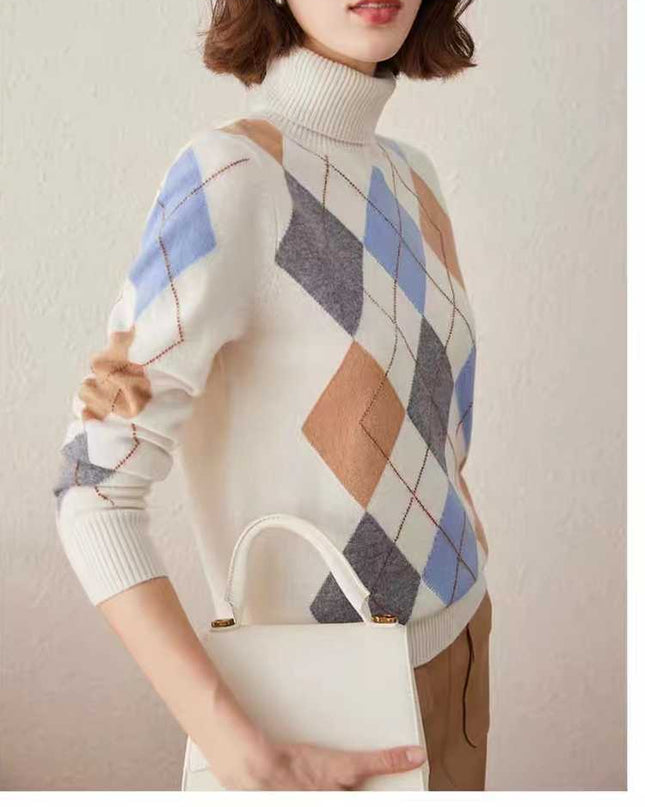 Vintage Diamond Lattice Pure Cashmere High Lapel Inlay Knitted Sweater