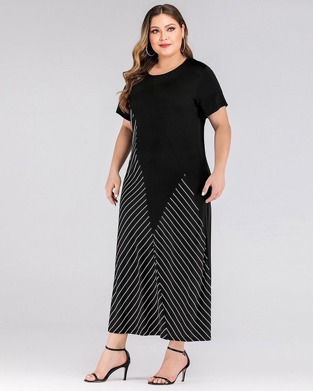Big Size Women Dress Black Round Neck Short Sleeve Contrast Color Stripe Patchwork Maxi Dresses