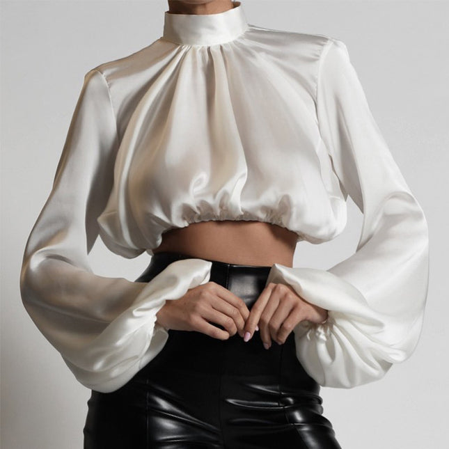 Satin-finish puff-sleeve turtleneck T-shirt top