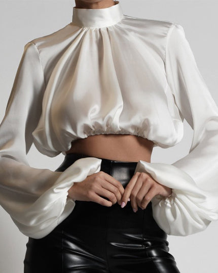 Satin-finish puff-sleeve turtleneck T-shirt top