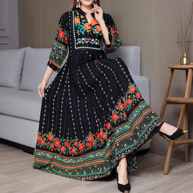 Women's Ethnic Style V-Neck Long Sleeve Dress