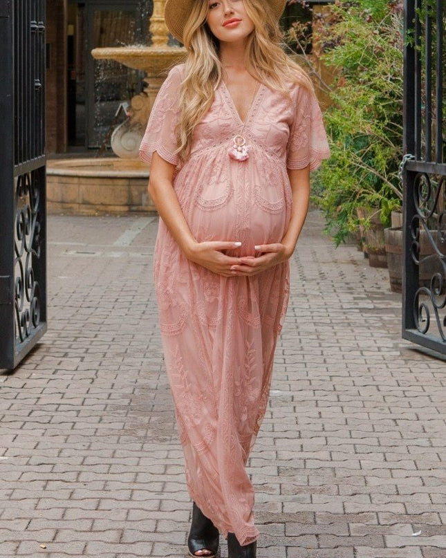 Maternity Dresses for Photo Shoot Summer V Neck White Lace white Maxi Dress