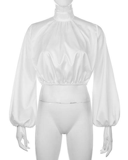 Satin-finish puff-sleeve turtleneck T-shirt top