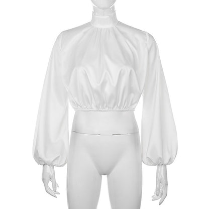 Satin-finish puff-sleeve turtleneck T-shirt top