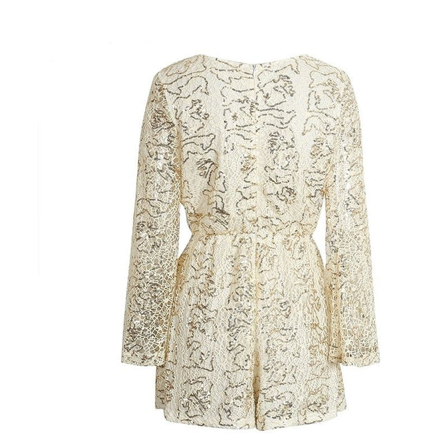 lace jumpsuits rompers  deep v long sleeve shorts