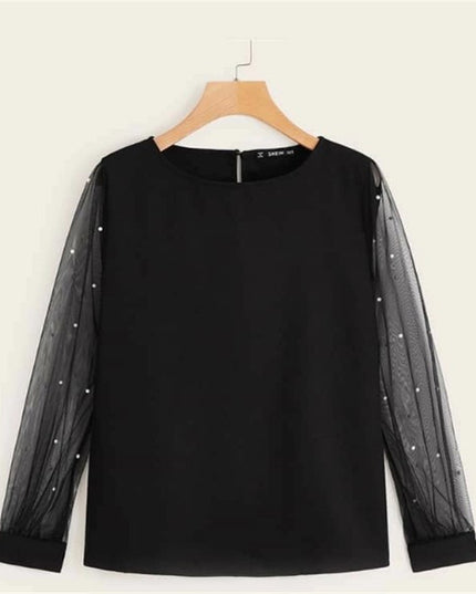 Women's Long Sleeve Beaded Mesh Patchwork Top Shirt