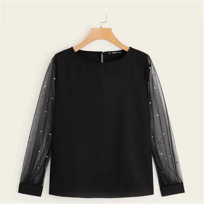 Women's Long Sleeve Beaded Mesh Patchwork Top Shirt