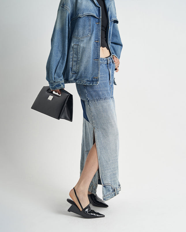 Washed Denim Long Skirts Stitching Design Women's Clothing