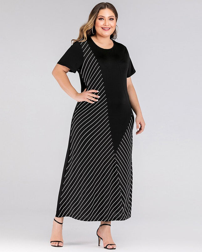 Big Size Women Dress Black Round Neck Short Sleeve Contrast Color Stripe Patchwork Maxi Dresses