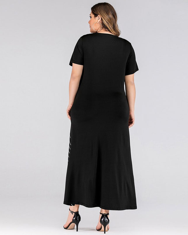 Big Size Women Dress Black Round Neck Short Sleeve Contrast Color Stripe Patchwork Maxi Dresses