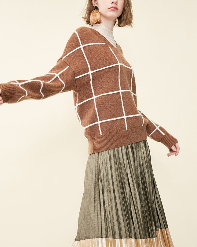 Spring new pattern check V-neck short sweater