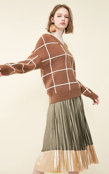 Spring new pattern check V-neck short sweater