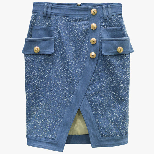 Frosted Washed Metal Buckle Irregular Split Hip Skirt