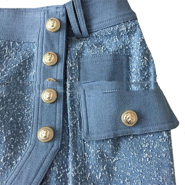 Frosted Washed Metal Buckle Irregular Split Hip Skirt