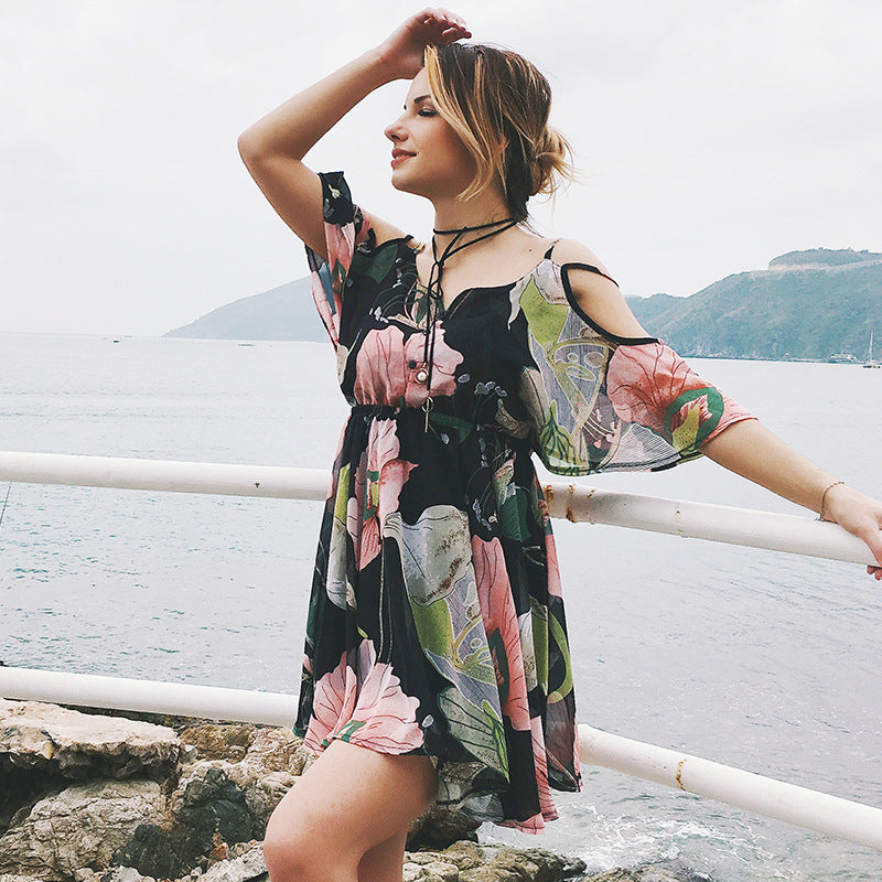 Dresses Spaghetti Strap V-neck Printed Loose Chiffon