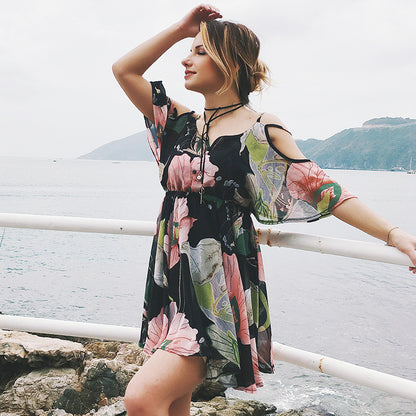 Dresses Spaghetti Strap V-neck Printed Loose Chiffon