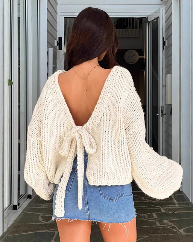 Short Thick Needle Bow Bandage Reverse Cardigan Jacket