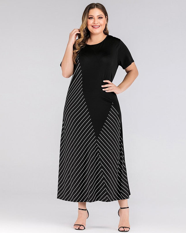 Big Size Women Dress Black Round Neck Short Sleeve Contrast Color Stripe Patchwork Maxi Dresses