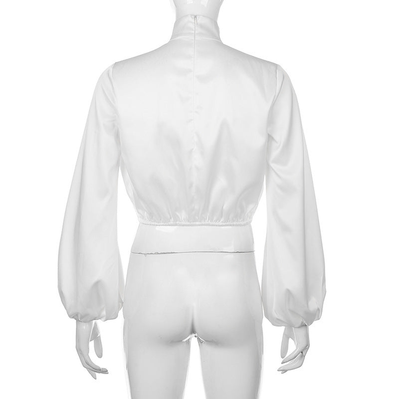 Satin-finish puff-sleeve turtleneck T-shirt top